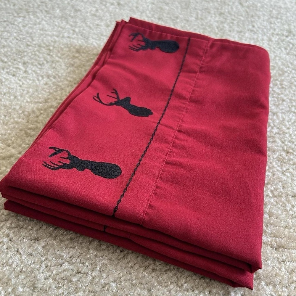 2 Red Embroidery Pillow Cases Black Reindeer Rustic Farmhouse Holiday Bedding